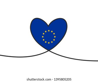 Love with hearts in continuous drawing lines in a flat style in continuous drawing lines and European Union flag. Continuous black line. The work of flat design. Symbol of love and tenderness