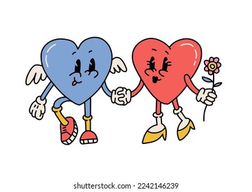Love Hearts Couple Cartoon Characters Walk Holding Hands. Lovely mascot with wings and flower. Vector Contour Hand Drawn Illustration Isolated On White Background