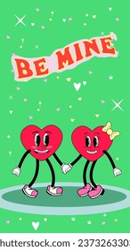 Love Hearts Couple Cartoon Characters. Lovely smiles in Groovy style. Vector Contour Hand Drawn Illustration. Design Postcard for Valentine Day. Be mine