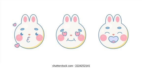Love and hearts cute rabbit emoji faces set. Isolated on white background. Vector romantic cartoon Illustration.