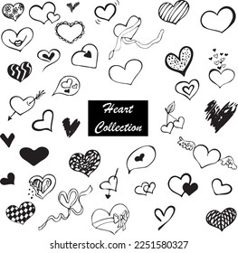 Love Hearts Doodle Set in Black and White Colors. Vector Illustration.