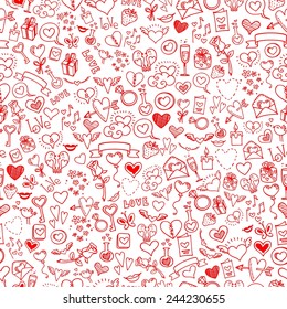 love and hearts doodles, seamless background, vector