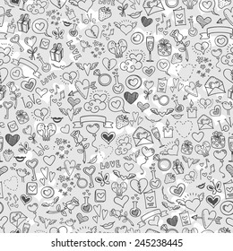 love and hearts doodles, seamless background, vector