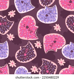 Love Hearts Doughnuts Valentines Vector Seamless Pattern