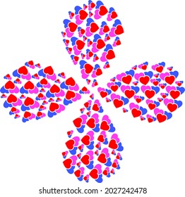 Los corazones de amor explotan forma de flor. Explosión centrífuga de elementos combinada con símbolos de corazones de amor orientados. Collage de flores vectoriales en estilo plano.