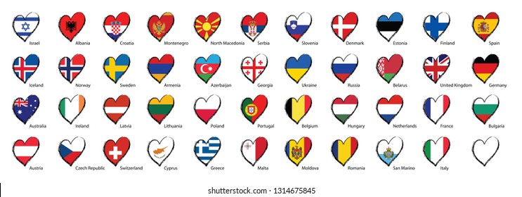 Love hearts flag in eurovision style. flag and different countries flags with heart flags logo. For Europe, eurovision music song festival, contest. Music songs for vision dreams. Vector euro TV icon 