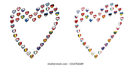 Love hearts flag in eurovision style. Europe contest song festival with heart flags logo. international music party. Vector patern. 2021 Rotterdam, Open up again. Netherlands, Holland or Dutch