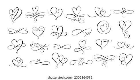 Love hearts flourish. Calligraphy hand drawn heart, romantic text divider and lovely twirl line scribble vector set of calligraphy love flourish, wedding decoration