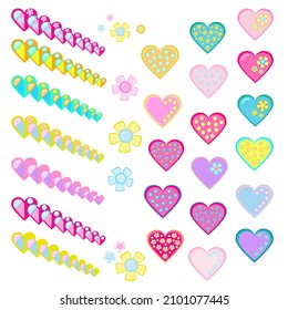 Love hearts with flowers and dots decor isolated on white background. Cute St.Valentines day stickers. Big set with hearts in  bright and pastel colors for your design. Vector illustration.