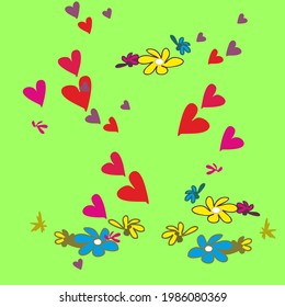 Love, hearts and flowers on a light green background