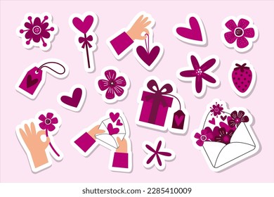 Love, hearts, flowers stickers set with offset cut lines. Valentines day romantic illustration collection for cards and gift decoration. Hands with affection symbols, letters, presents. Vector flat.