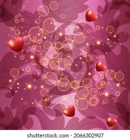 Love hearts glowing seamless pattern. Ornamental vector bokeh background. Floral romantic shiny ornament. Glow flowers, leaves, bubbles, love hearts. Beautiful repeat magic backdrop. Luxury for design