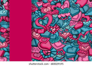 Love hearts hand drawn cartoon card. Valentineâ??s day concept. Pink and blue vector illustration.