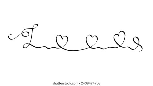 Love with hearts hand written single continuous line lettering phrase in simple doodle style vector illustration isolated for greeting card, postcards, poster, banner, wedding concept