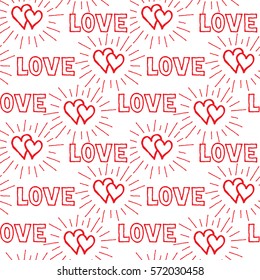 Love hearts and handwritten lettering LOVE seamless pattern. Doodle background. Valentine's day holiday tile ornament