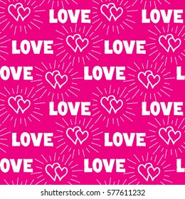 Love hearts and handwritten lettering LOVE seamless pattern. Doodle background. Valentine's day holiday tile ornament