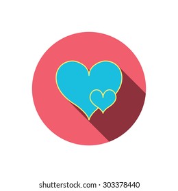 Love hearts icon. Lovers sign. Couple relationships. Red flat circle button. Linear icon with shadow. Vector