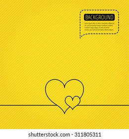 Love hearts icon. Lovers sign. Couple relationships. Speech bubble of dotted line. Orange background. Vector