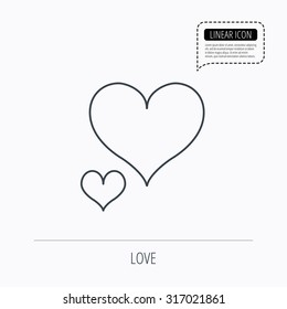 Love hearts icon. Lovers sign. Couple relationships. Linear outline icon. Speech bubble of dotted line. Vector