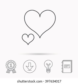 Love hearts icon. Lovers sign. Couple relationships. Download arrow, lamp, learn book and award medal icons.