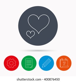 Love hearts icon. Lovers sign. Couple relationships. Calendar, cogwheel, document file and pencil icons.