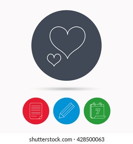 Love hearts icon. Lovers sign. Couple relationships. Calendar, pencil or edit and document file signs. Vector
