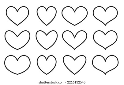 Love Hearts Icon Set. Different Heart Shape Romance Glyph. Like Symbol Black Line Frames. Valentines Day, Wedding Abstract Outline Stylized Sign. Romantic Emotion Scrapbooking Ink Stamp Template