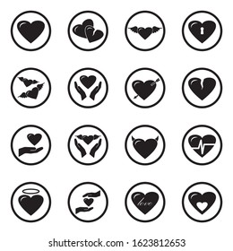 Love And Hearts Icons. Black Flat Design In Circle. Vector Illustration.