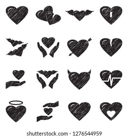 Love And Hearts Icons. Black Scribble Design. Vector Illustration.
