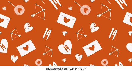 Love hearts, letter, bow and arrow, seamless pattern on Valentine's Day for gift, wrapping paper, card, 14 February.