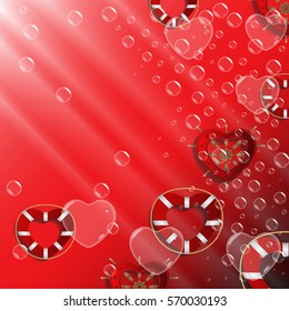 Love hearts as a lifebuoy, helm on dark blue underwater background with bubbles. Maritime style background. Vector illustration.