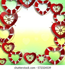 Love hearts as a lifebuoy, helm on abstract blur background. Vector illustration.
