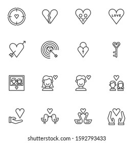 Love hearts line icons set. Valentines day linear style symbols collection, outline signs pack. vector graphics. Set includes icons as broken heart, target arrow, couple swans, man and woman in love
