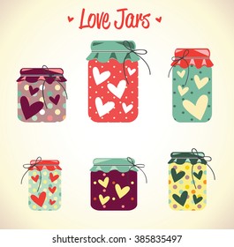 Love hearts mason jars, thanks card, valentine day, mother day, red, collection, vector
