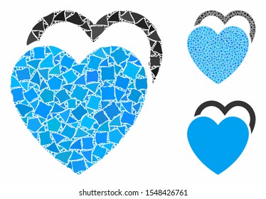 Love hearts mosaic of bumpy pieces in various sizes and color tints, based on love hearts icon. Vector irregular pieces are grouped into mosaic. Love hearts icons collage with dotted pattern.