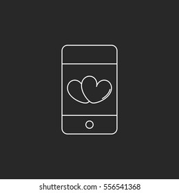 Love hearts on cell phone symbol sign line icon on background