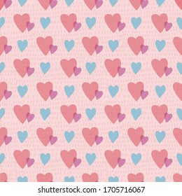 Love hearts on pink textured background. Pattern for fabric, wrapping, textile, wallpaper, apparel. Vector illustration