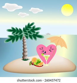 Love hearts on vacation sitting under a palm tree on the beach,and quench your thirst with a delicious cocktail.