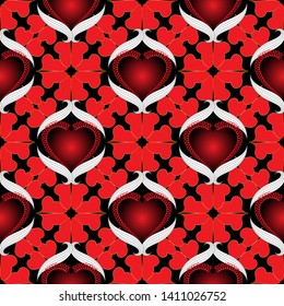 Love hearts ornamental seamless pattern. Vector colorful romantic background. Vintage beautiful repeat backdrop. Bright hand drawn love ornament. Luxury design for wallpapers, prints, fabric, cards