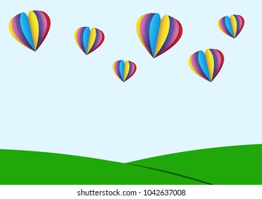 Love hearts parachute flying in the sky with grassy land background paper cut style effect - Vector illustration