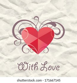 Love hearts.  Romantic postcard. Crumpled paper background with heart.