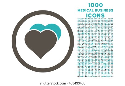 Love Hearts rounded vector bicolor icon with 1000 medical business icons. Set style is flat pictograms, grey and cyan colors, white background.