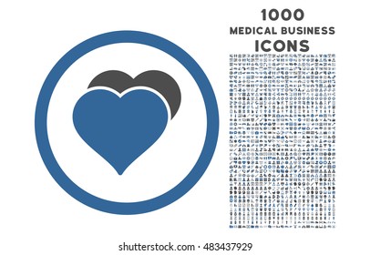 Love Hearts rounded vector bicolor icon with 1000 medical business icons. Set style is flat pictograms, cobalt and gray colors, white background.