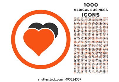 Love Hearts rounded vector bicolor icon with 1000 medical business icons. Set style is flat pictograms, orange and gray colors, white background.