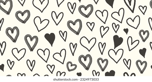 Love, hearts seamless pattern in 90s, 2000s style. Y2k doodle heart repeating print. Romantic endless texture. Valentine's Day background design. Cartoon vector illustration