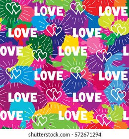 Love hearts seamless pattern. Doodle ornamental hand drawn background with beams and handwritten lettering LOVE. 