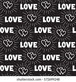 Love hearts seamless pattern. Doodle ornamental hand drawn background with beams and handwritten lettering LOVE. 