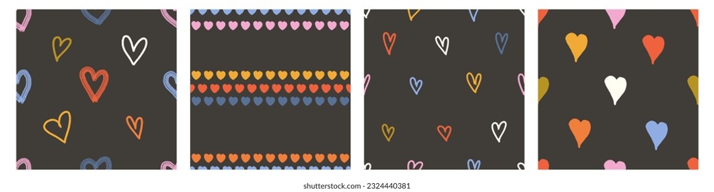 Love, hearts seamless pattern set in trendy retro cartoon style. Hand drawn doodle heart repeating print. Valentine's Day holiday texture design. Colorful vector illustration