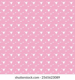 Love hearts seamless romantic pattern. White hearts and white wings seamless pattern on pink background.
