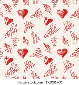 Love hearts sketch hand drawn seamless pattern. Vector illustration
